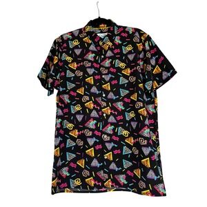 Fresh Prints of Bel-Air Mens Medium 90s Retro Geometric Neon Button Down Shirt